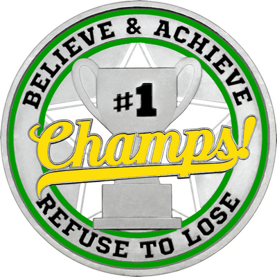 Yellow "Champs!" with Green Outer Circular Borders